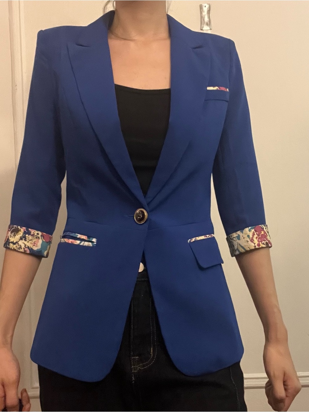 Tailored Royal Blue Single-Button Blazer with Floral Trim -Never Worn